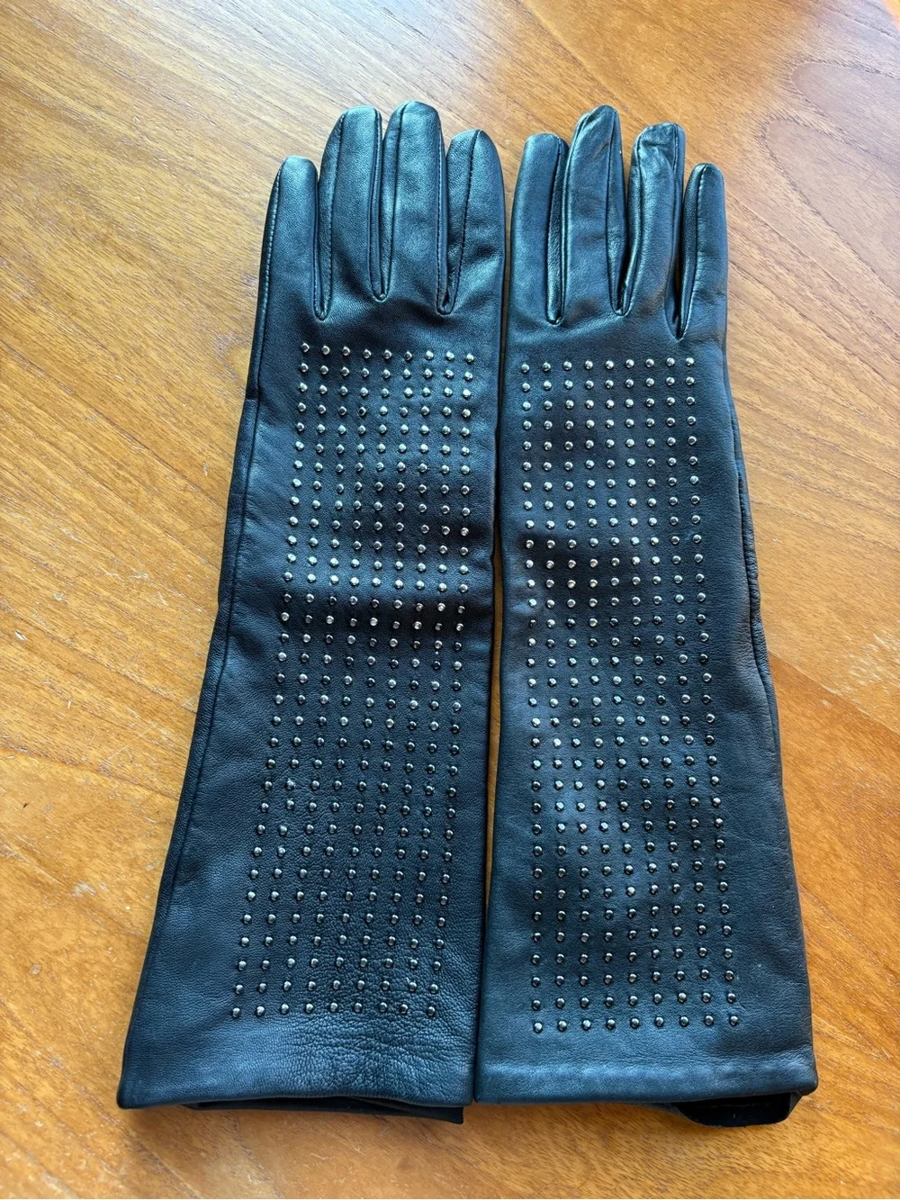 Women's Leather Gold Studded Long Gloves Black 12” VGUC Neiman Marcus VGUC